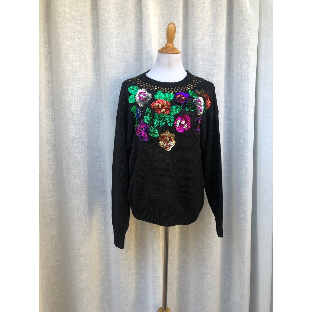 Margules black pullover crew neck sweater with beaded sequin floral embroidery